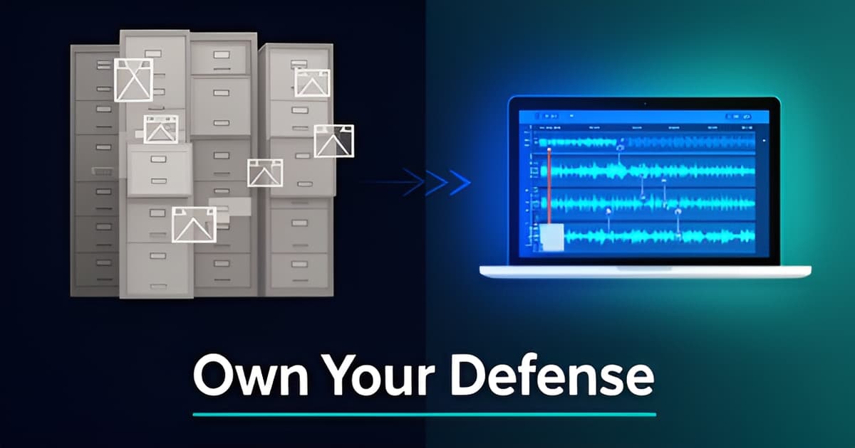 Flat illustration contrasting a locked digital evidence locker with an open, searchable defense workspace accented in blue and teal.