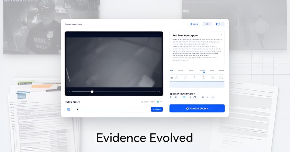 A digital workspace for criminal-defense teams featuring a video player, transcription text, and timeline.