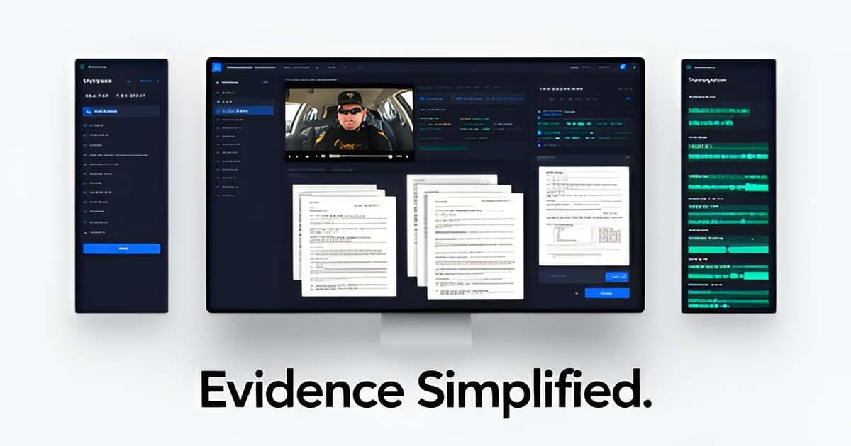 A digital workspace illustration for evidence management and transcription in a legal tech application.