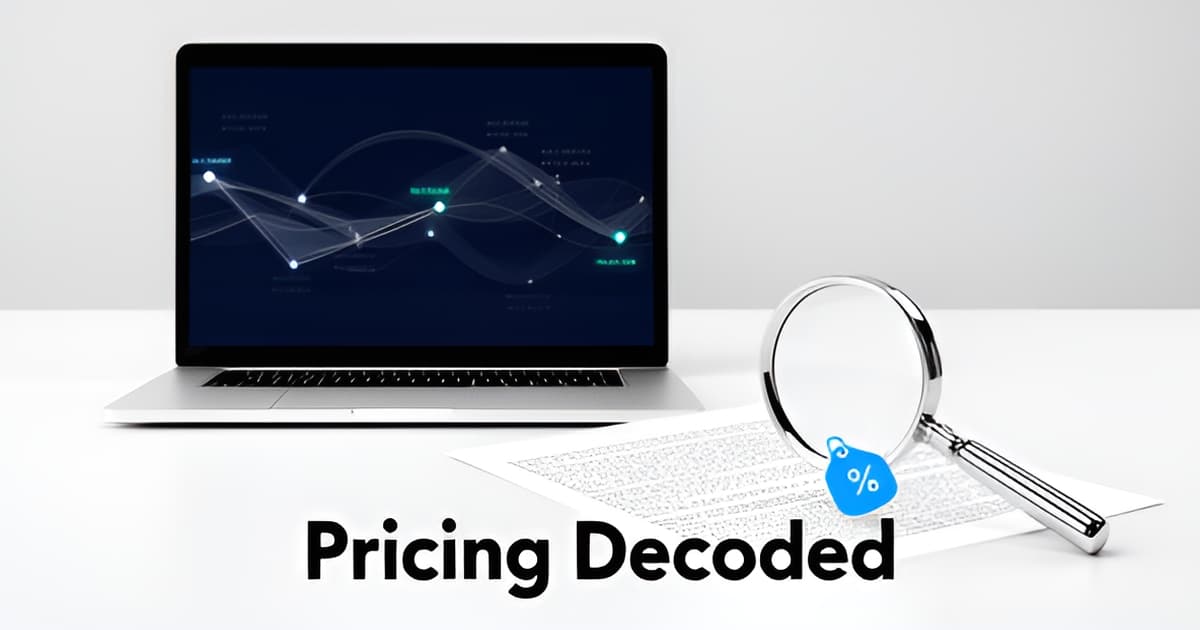 Flat illustration of a magnifying glass revealing a transparent price menu beside a redacted price tag, symbolizing hidden software pricing.