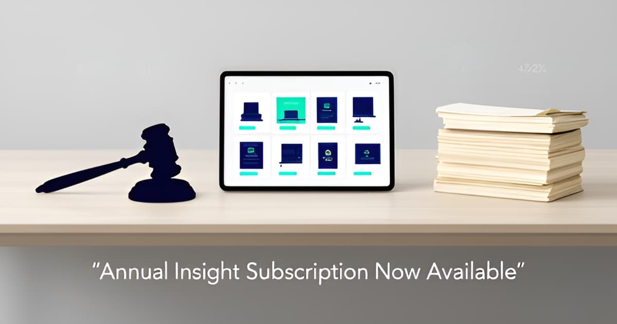 Flat illustration of a courtroom iPad evidence display with pricing calendar motifs and a bold TrialPad Pricing 2026 headline.