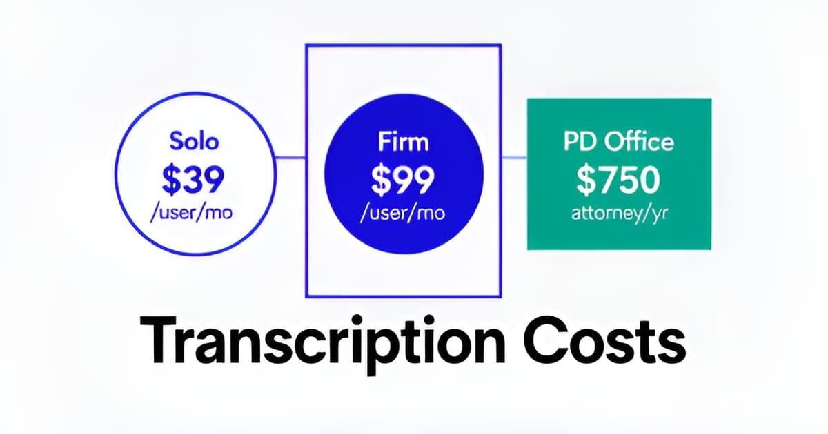 A stylized illustration comparing transcription software pricing plans for criminal-defense attorneys and law offices.