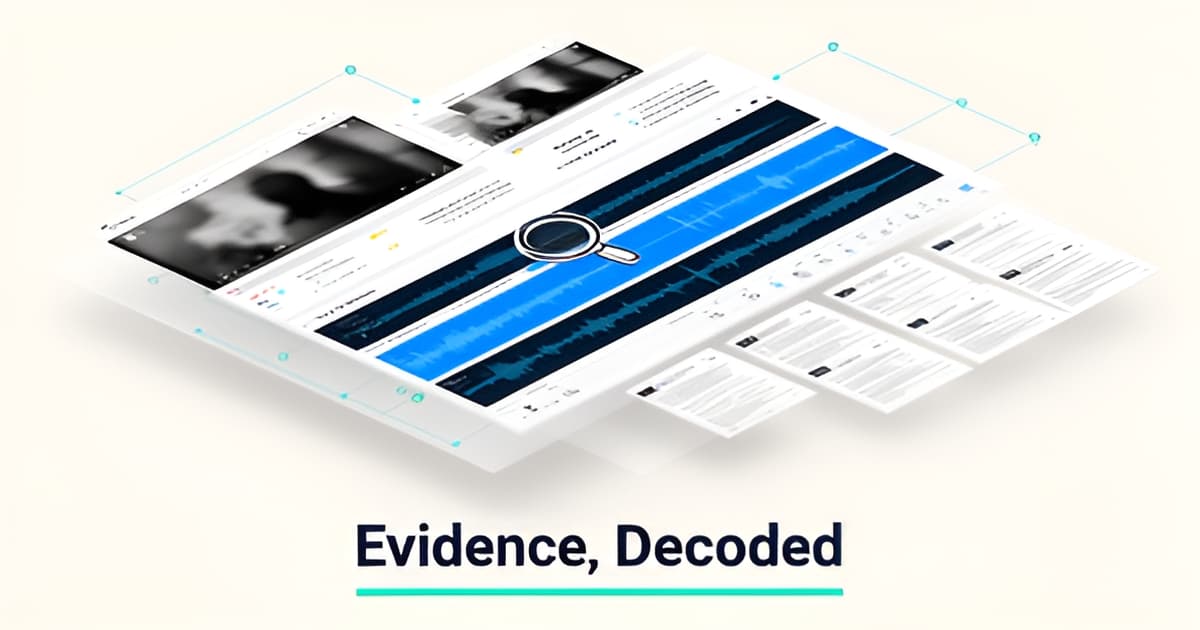 Flat illustration of a digital evidence workspace with video panels, timelines, and citation links in blue and teal, headlined Evidence, Decoded.